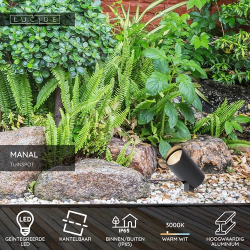 Lucide MANAL - Tuinspot - LED - 1x13W 3000K - IP65 - Antraciet - USP